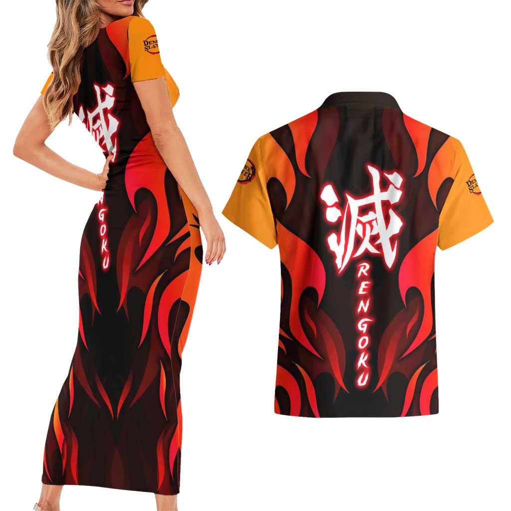 Rengoku Kyojuro - Demon Slayer Couples Matching Short Sleeve Bodycon Dress and Hawaiian Shirt Anime Style - The Mazicc