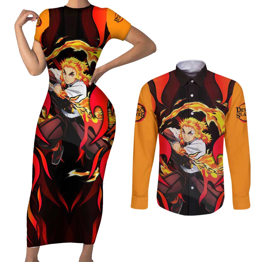 Rengoku Kyojuro - Demon Slayer Couples Matching Short Sleeve Bodycon Dress and Long Sleeve Button Shirt Anime Style - The Mazicc