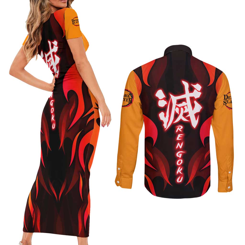 Rengoku Kyojuro - Demon Slayer Couples Matching Short Sleeve Bodycon Dress and Long Sleeve Button Shirt Anime Style - The Mazicc