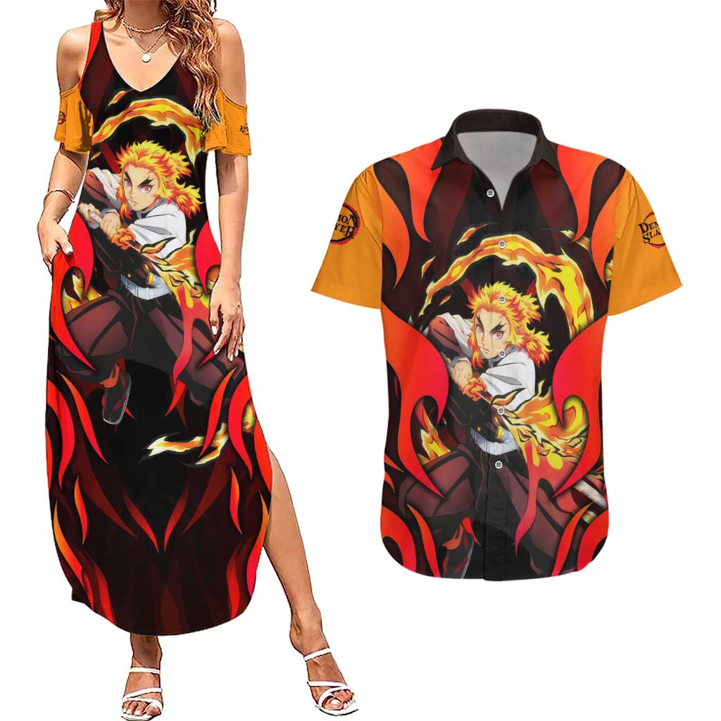 Rengoku Kyojuro - Demon Slayer Couples Matching Summer Maxi Dress and Hawaiian Shirt Anime Style - The Mazicc