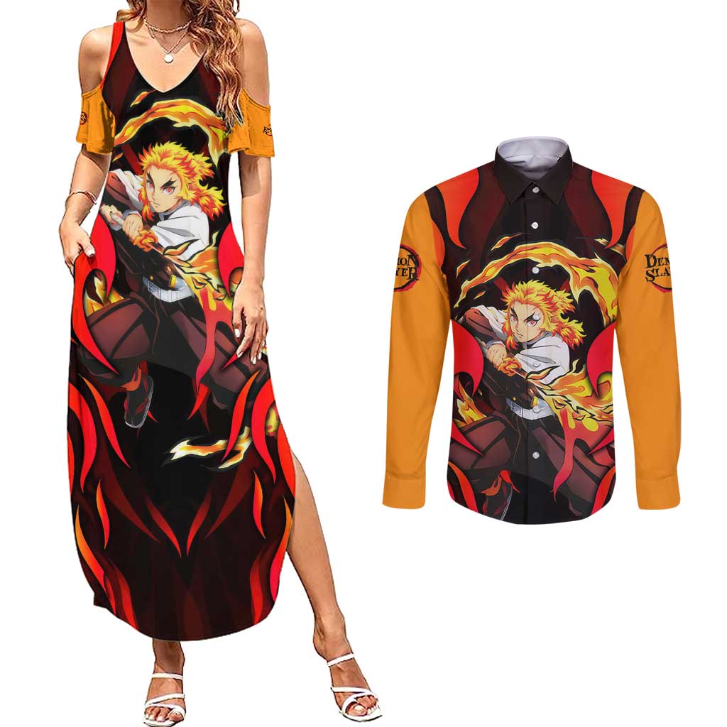 Rengoku Kyojuro - Demon Slayer Couples Matching Summer Maxi Dress and Long Sleeve Button Shirt Anime Style - The Mazicc
