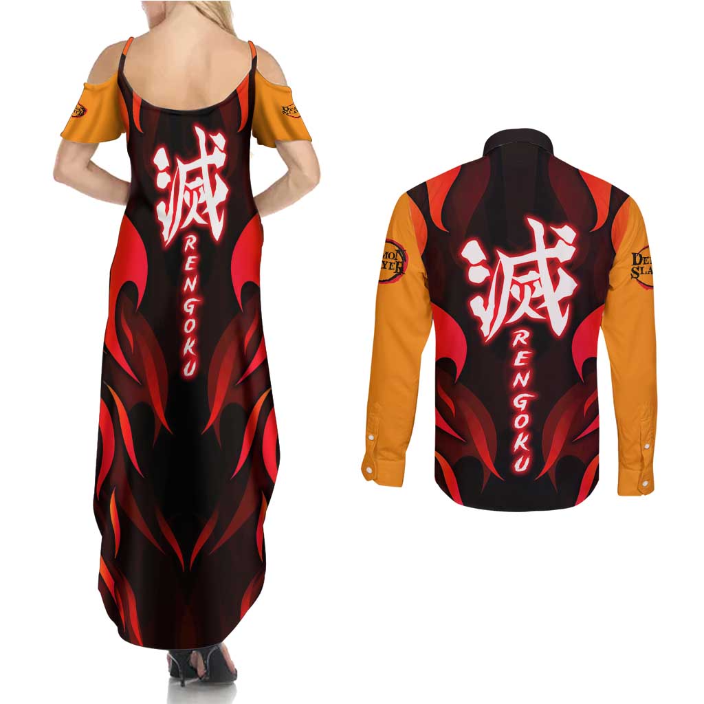 Rengoku Kyojuro - Demon Slayer Couples Matching Summer Maxi Dress and Long Sleeve Button Shirt Anime Style - The Mazicc