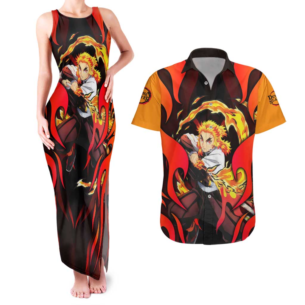 Rengoku Kyojuro - Demon Slayer Couples Matching Tank Maxi Dress and Hawaiian Shirt Anime Style - The Mazicc