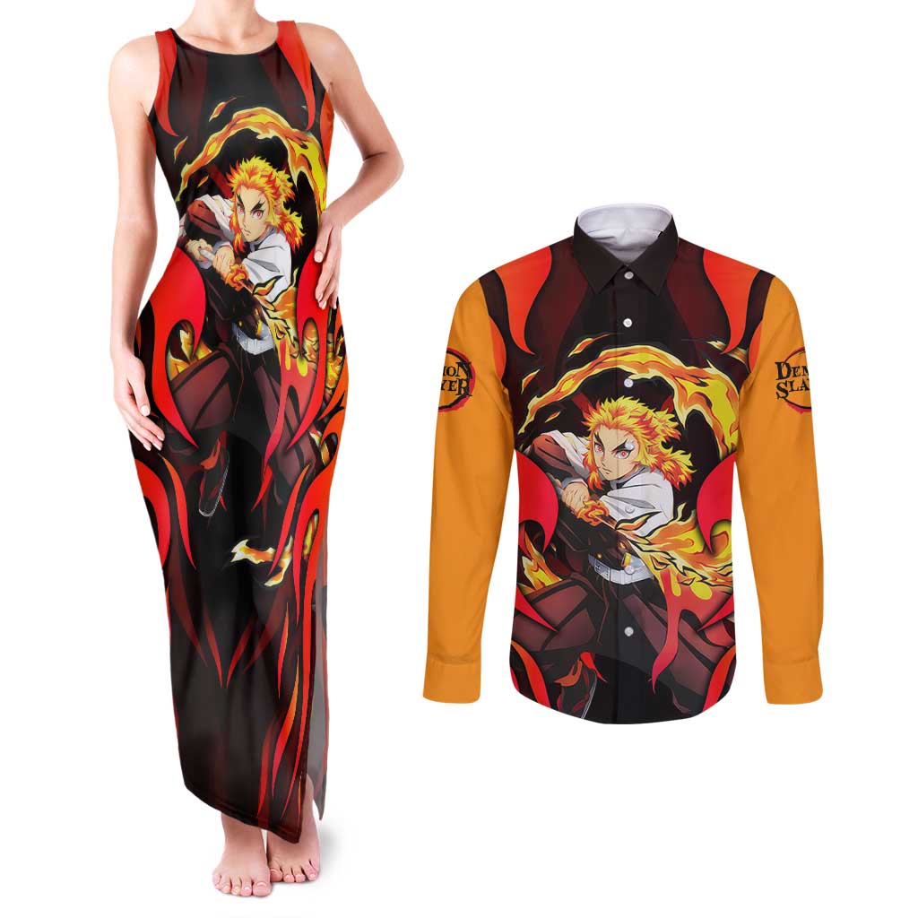 Rengoku Kyojuro - Demon Slayer Couples Matching Tank Maxi Dress and Long Sleeve Button Shirt Anime Style - The Mazicc