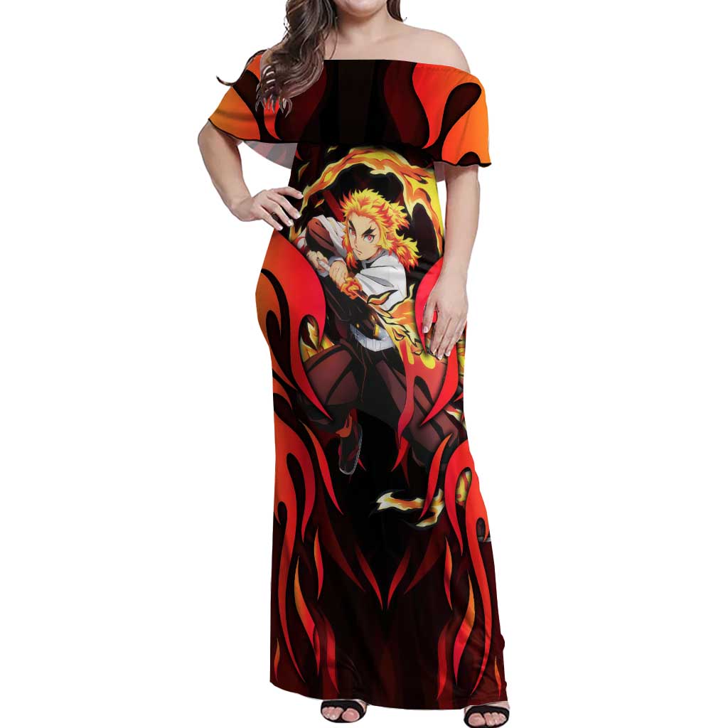Rengoku Kyojuro - Demon Slayer Off Shoulder Maxi Dress Anime Style - The Mazicc