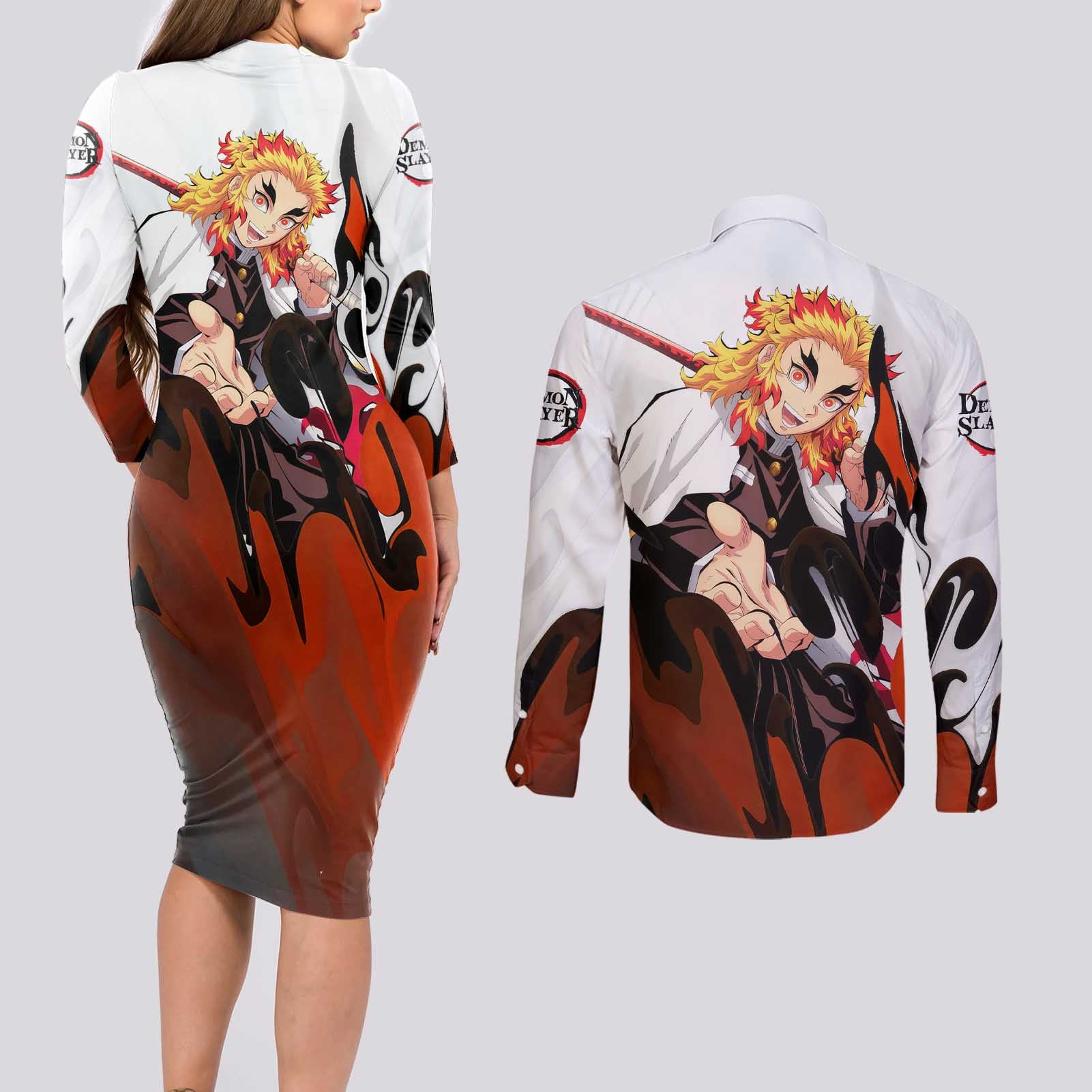 Rengoku Kyojuro - Demon Slayer Couples Matching Long Sleeve Bodycon Dress and Long Sleeve Button Shirt Anime Style
