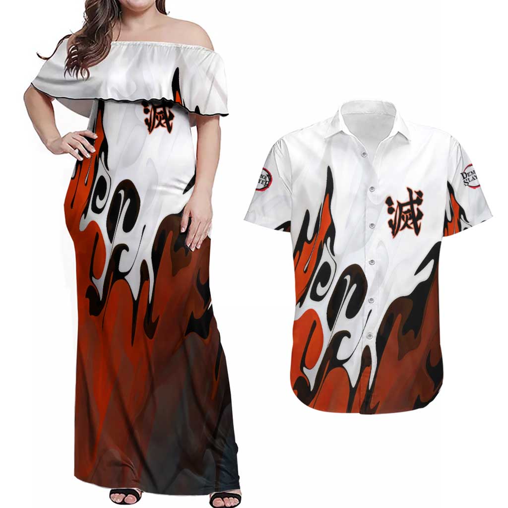 Rengoku Kyojuro - Demon Slayer Couples Matching Off Shoulder Maxi Dress and Hawaiian Shirt Anime Style