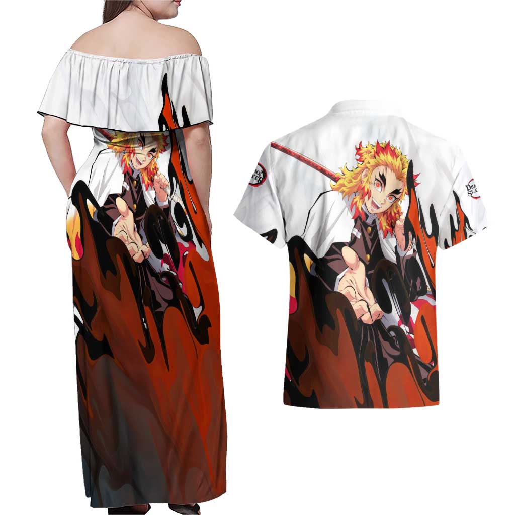 Rengoku Kyojuro - Demon Slayer Couples Matching Off Shoulder Maxi Dress and Hawaiian Shirt Anime Style