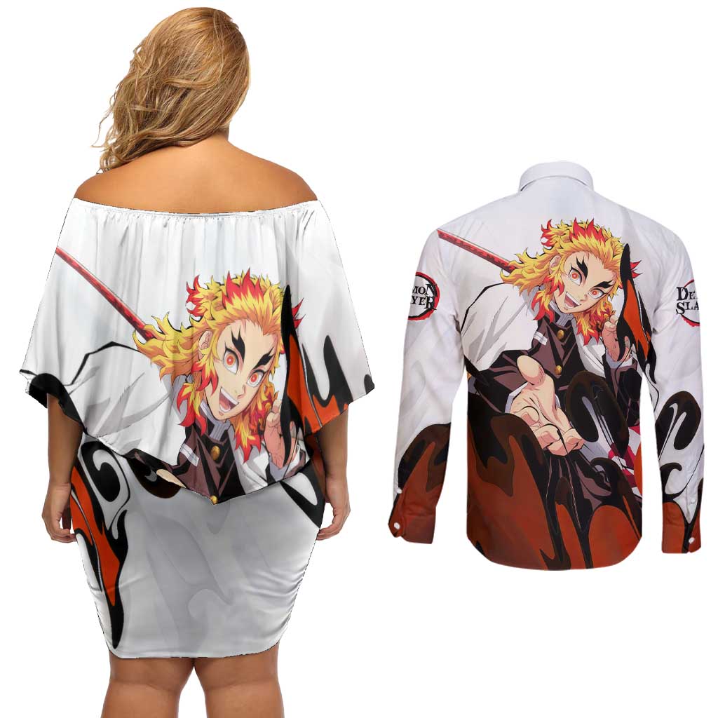 Rengoku Kyojuro - Demon Slayer Couples Matching Off Shoulder Short Dress and Long Sleeve Button Shirt Anime Style