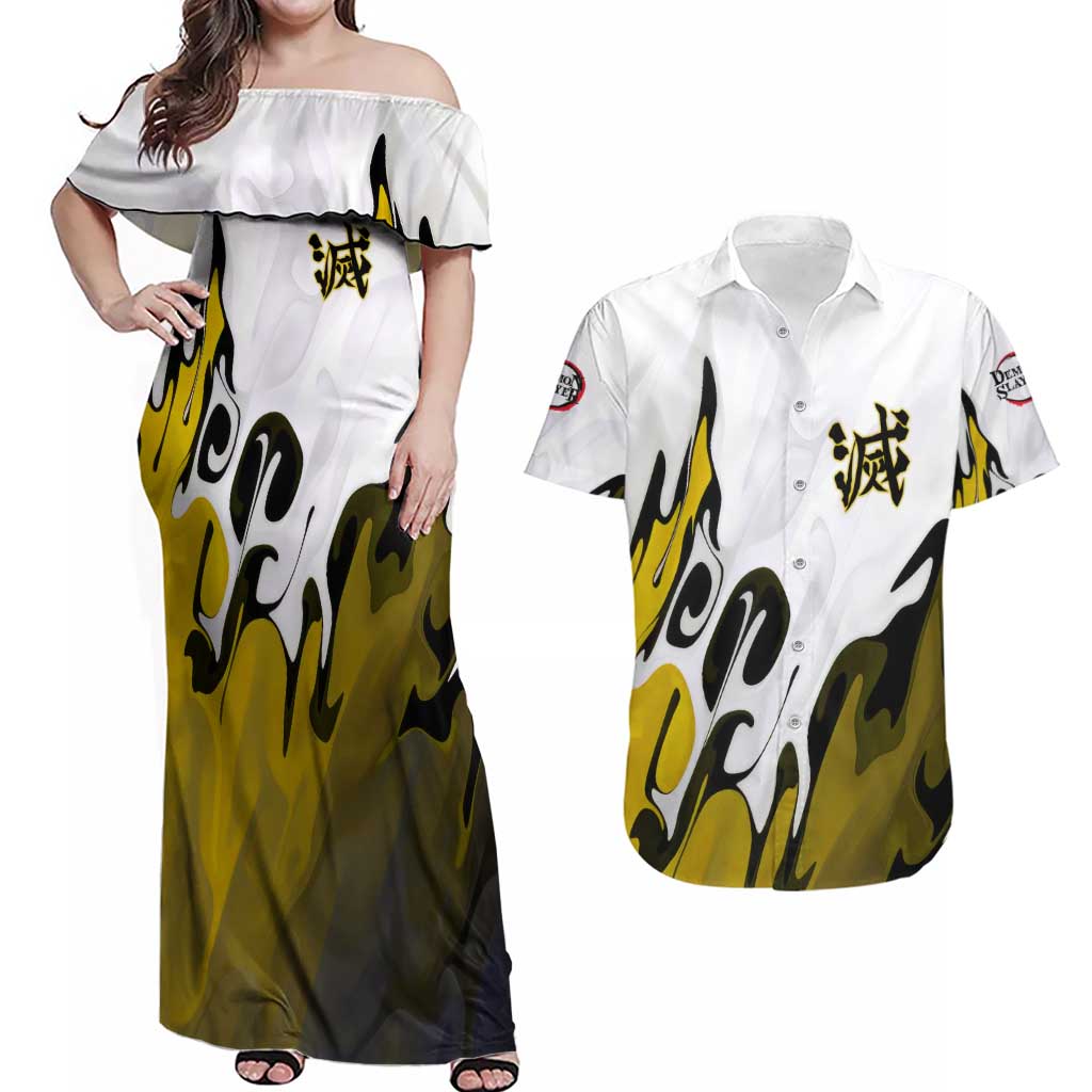 Zenitsu - Demon Slayer Couples Matching Off Shoulder Maxi Dress and Hawaiian Shirt Anime Style
