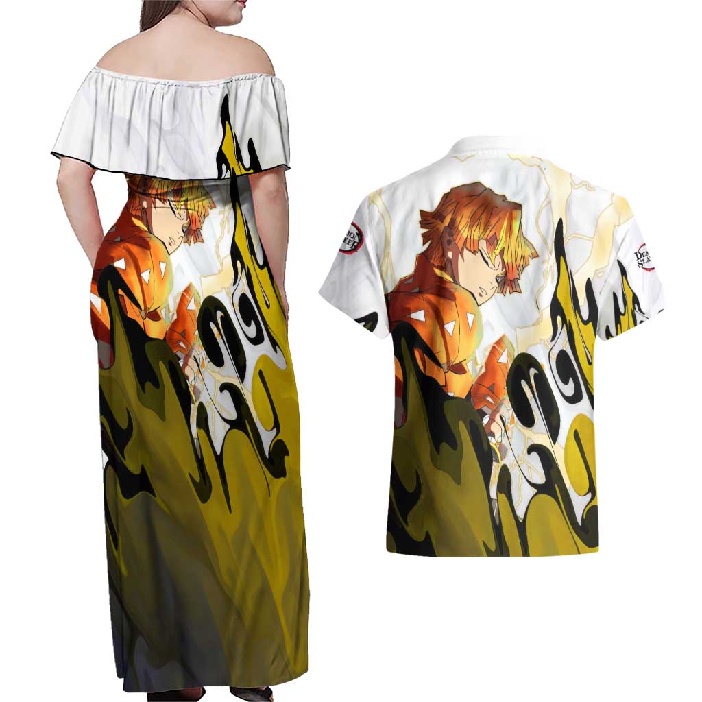 Zenitsu - Demon Slayer Couples Matching Off Shoulder Maxi Dress and Hawaiian Shirt Anime Style