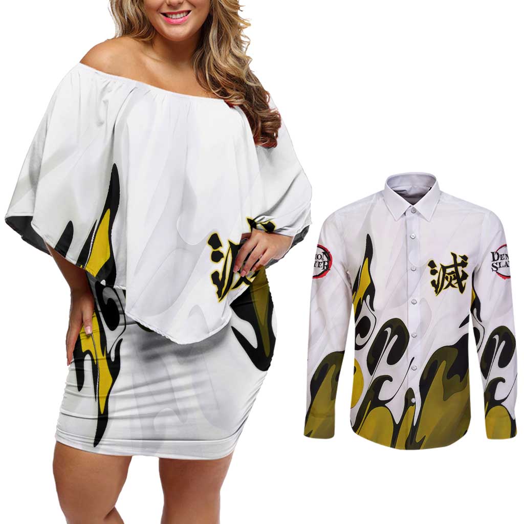 Zenitsu - Demon Slayer Couples Matching Off Shoulder Short Dress and Long Sleeve Button Shirt Anime Style