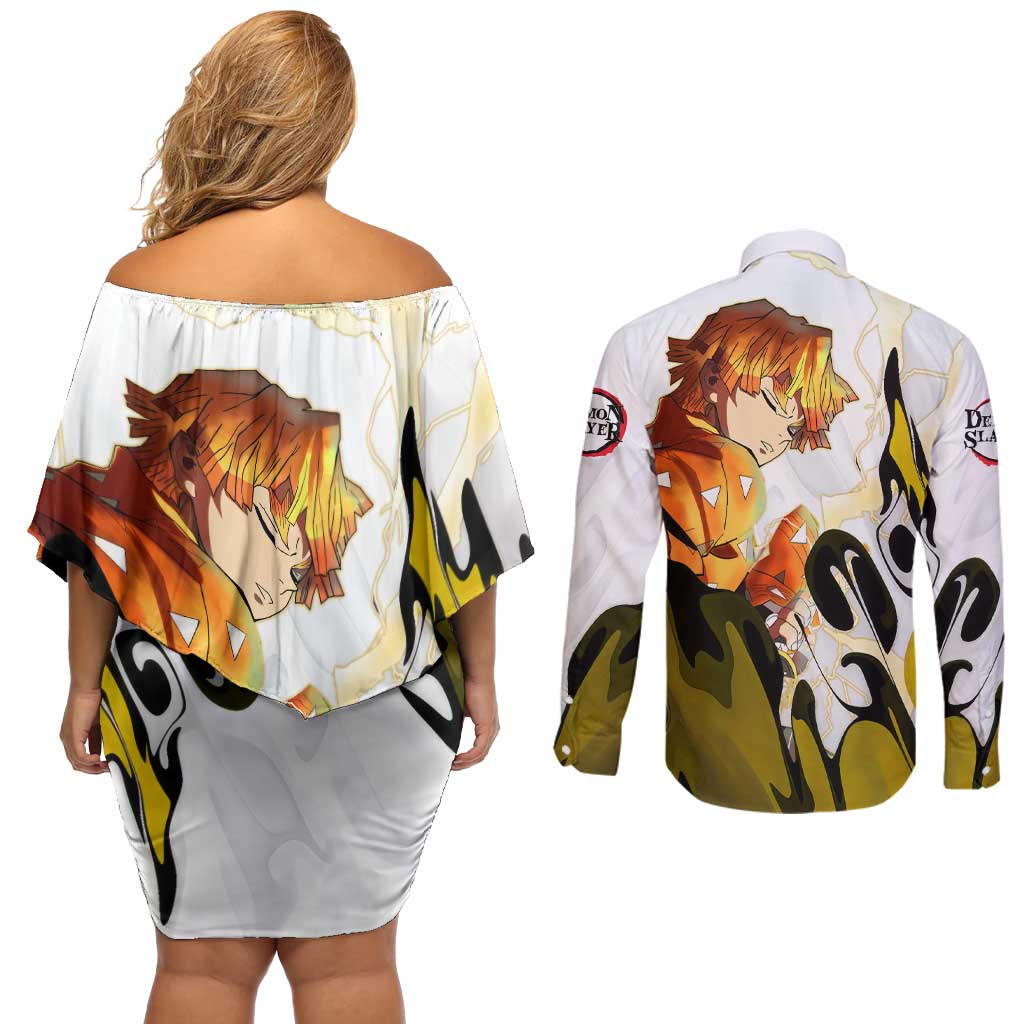Zenitsu - Demon Slayer Couples Matching Off Shoulder Short Dress and Long Sleeve Button Shirt Anime Style