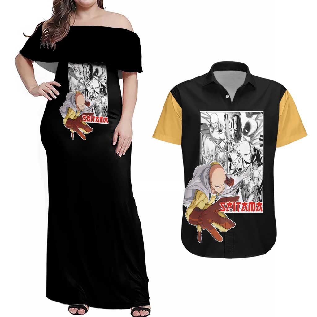 Saitama - One Punch Man Couples Matching Off Shoulder Maxi Dress and Hawaiian Shirt Anime Mix Manga Style