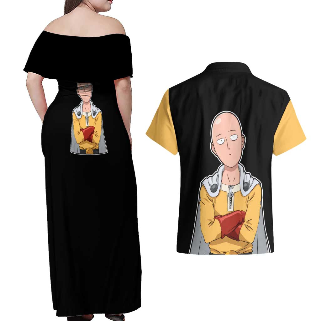 Saitama - One Punch Man Couples Matching Off Shoulder Maxi Dress and Hawaiian Shirt Anime Mix Manga Style