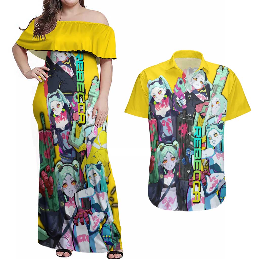 Rebecca - Cyberpunk: Edgerunners Couples Matching Off Shoulder Maxi Dress and Hawaiian Shirt Anime Style