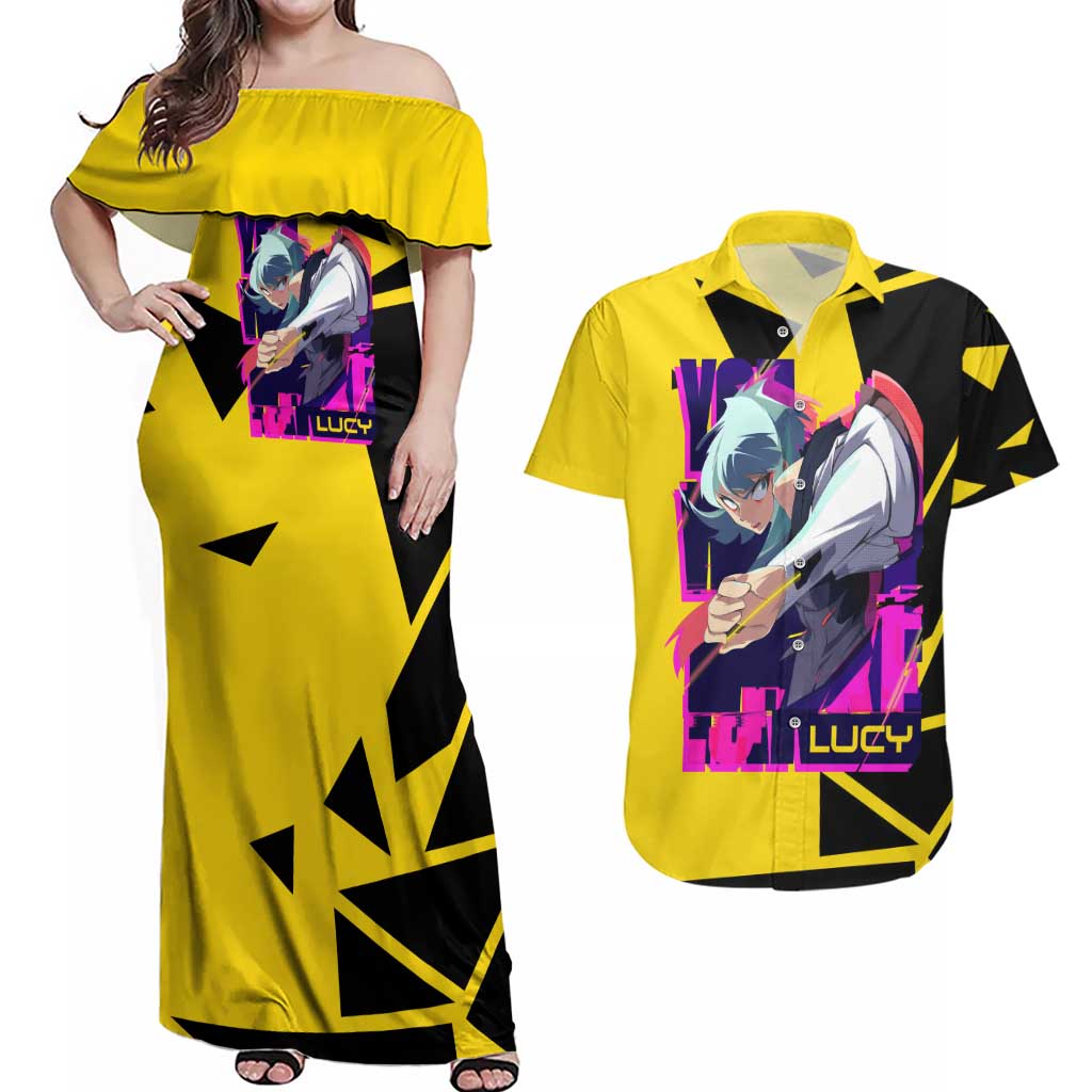 Lucy - Cyberpunk Edgerunners Couples Matching Off Shoulder Maxi Dress and Hawaiian Shirt Anime Style