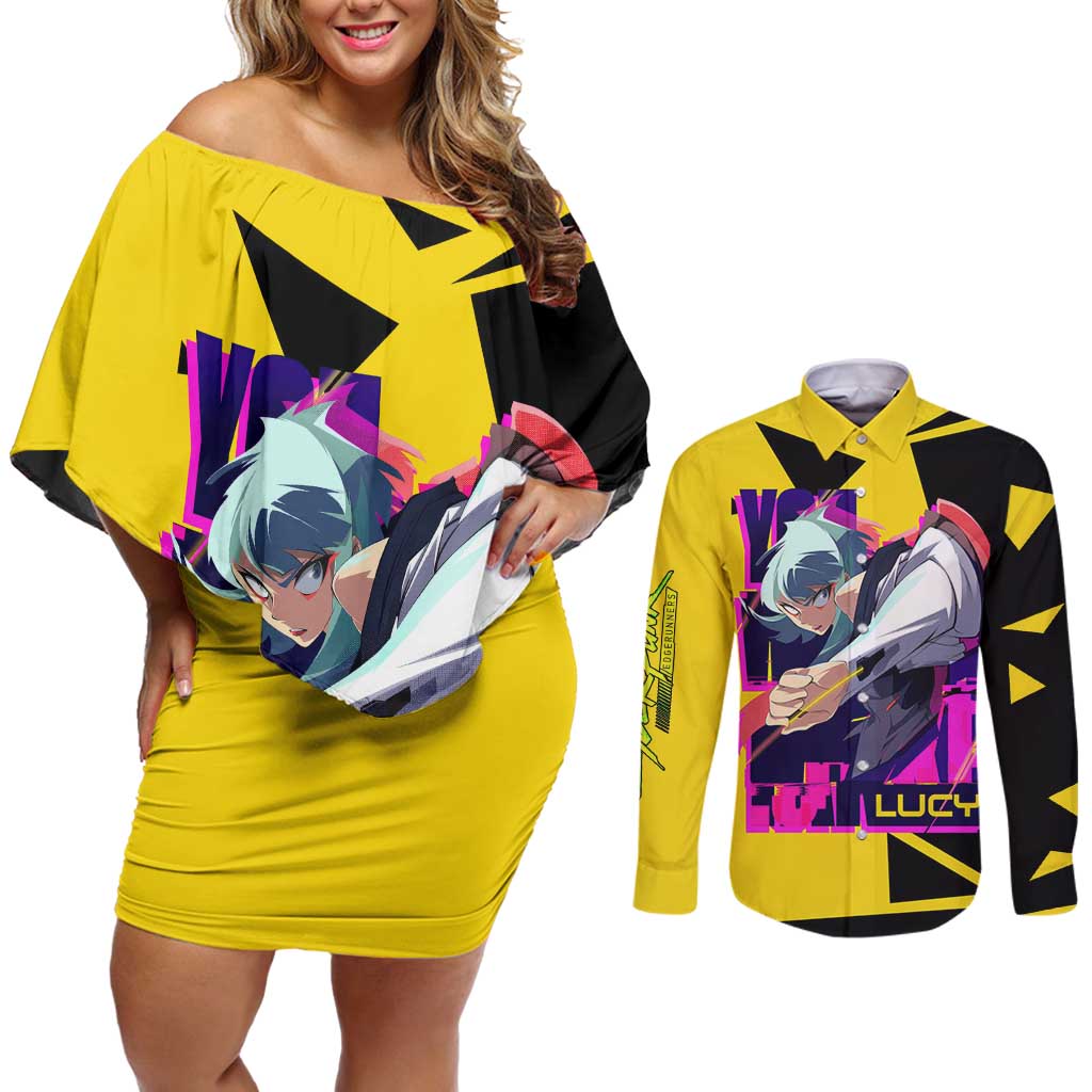 Lucy - Cyberpunk Edgerunners Couples Matching Off Shoulder Short Dress and Long Sleeve Button Shirt Anime Style