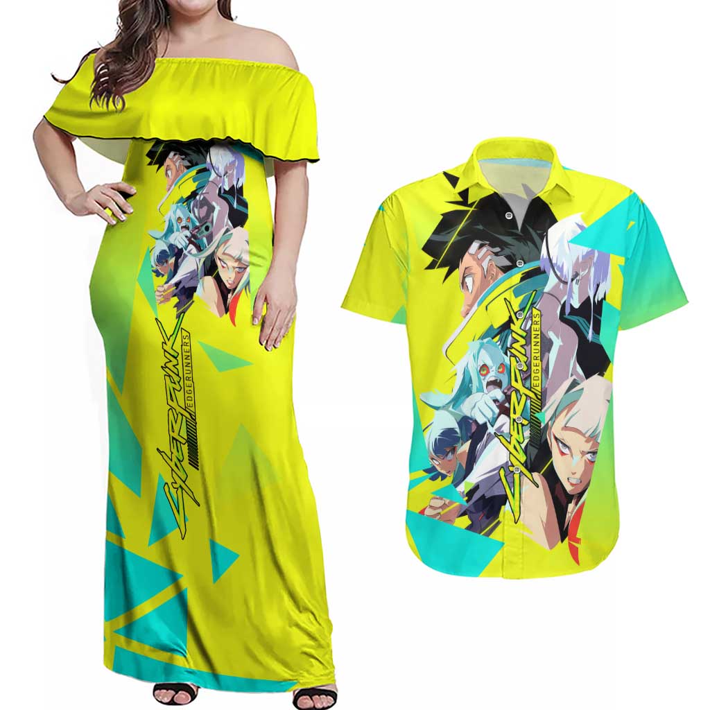 David and Lucy and Rebecca - Cyberpunk Edgerunners Couples Matching Off Shoulder Maxi Dress and Hawaiian Shirt Anime Style