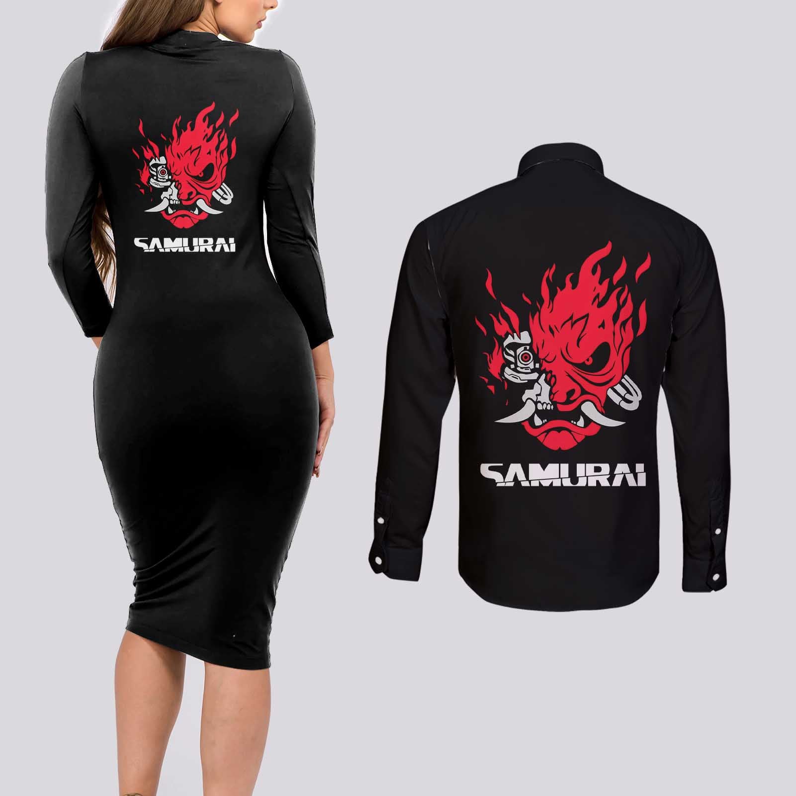 Samurai - Cyberpunk Couples Matching Long Sleeve Bodycon Dress and Long Sleeve Button Shirt Anime Style