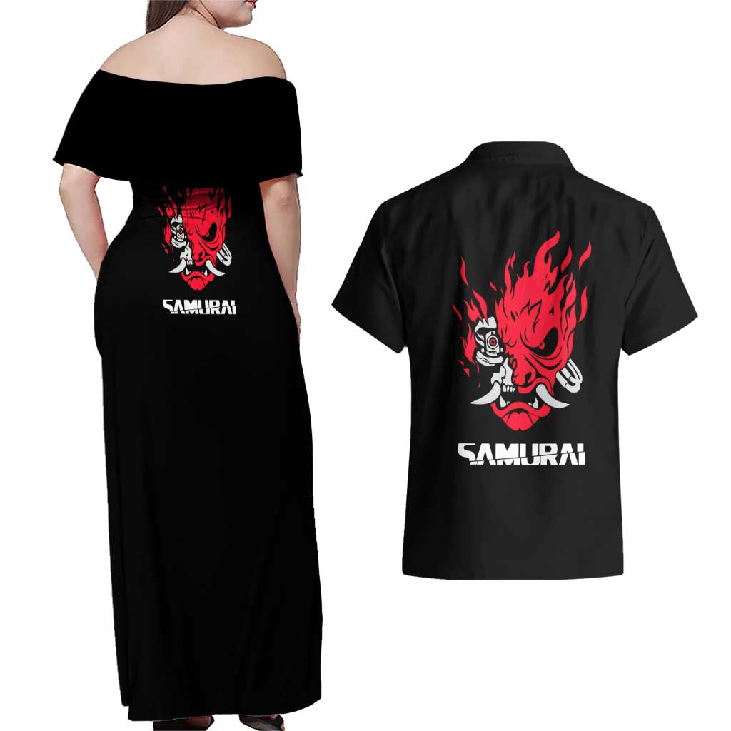 Samurai - Cyberpunk Couples Matching Off Shoulder Maxi Dress and Hawaiian Shirt Anime Style