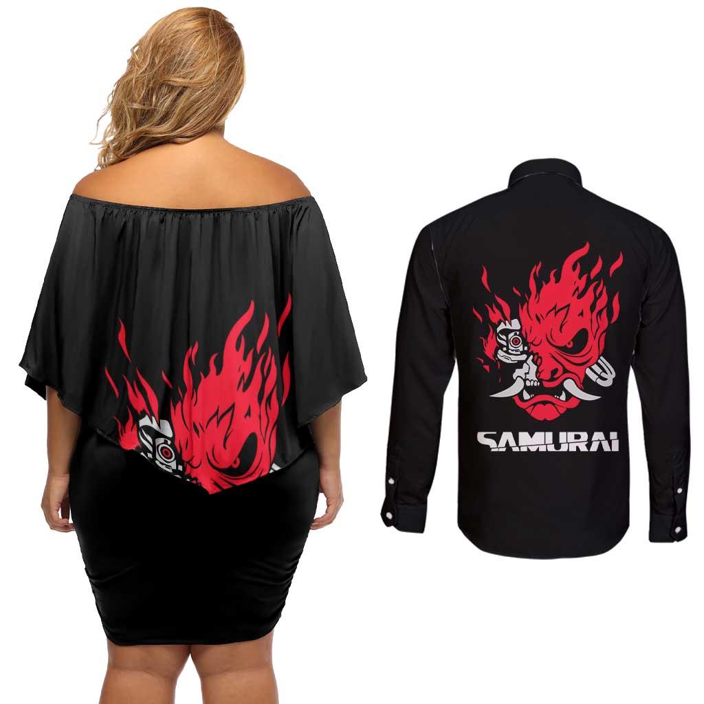 Samurai - Cyberpunk Couples Matching Off Shoulder Short Dress and Long Sleeve Button Shirt Anime Style