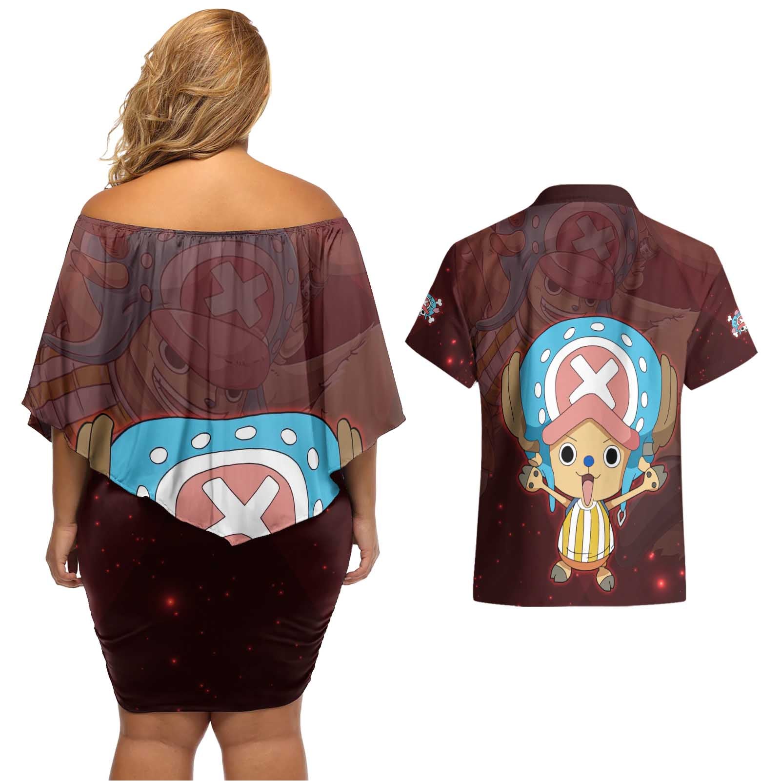 Tony Tony Chopper - One Piece Couples Matching Off Shoulder Short Dress and Hawaiian Shirt Anime Style
