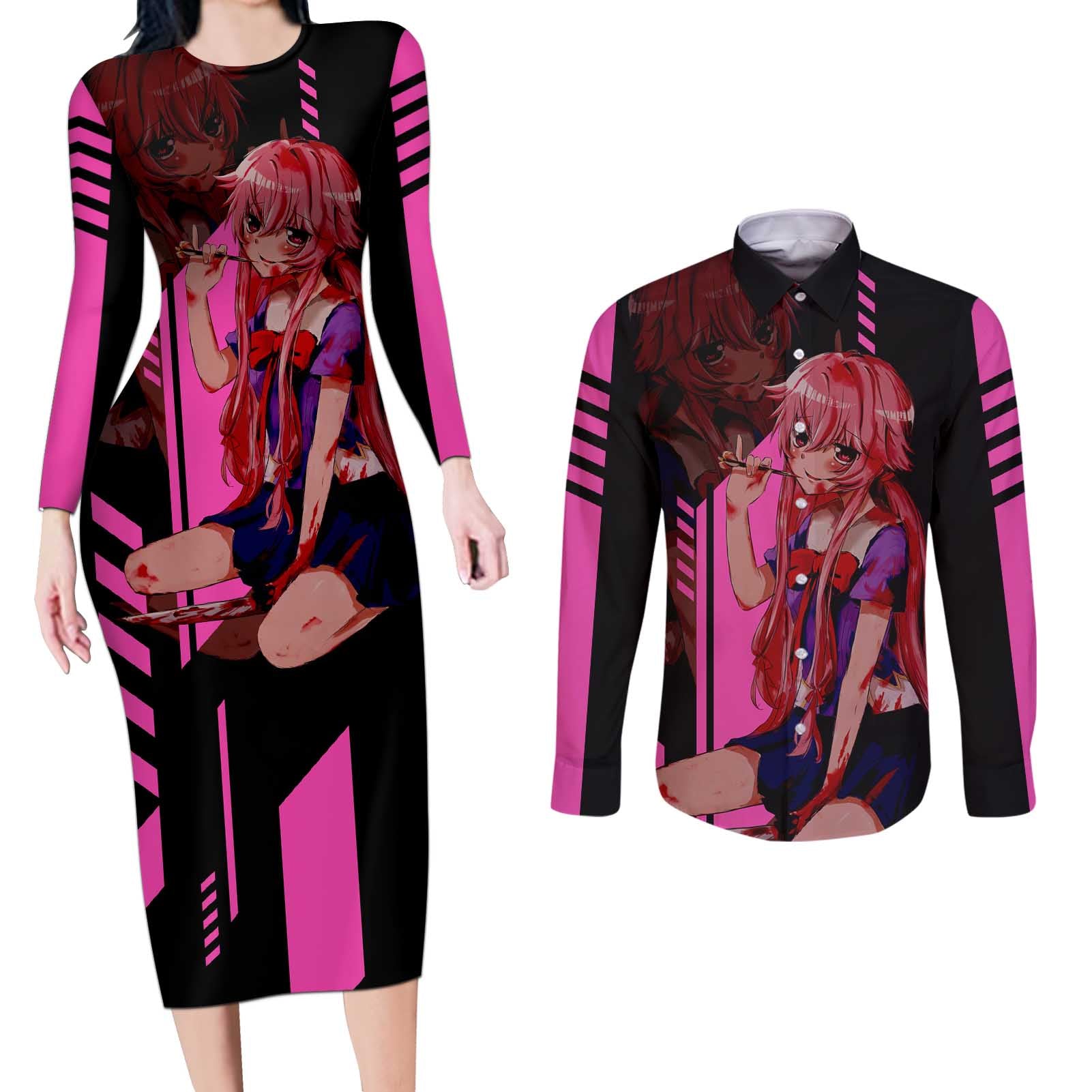 Mirai Nikki - Future Diary Couples Matching Long Sleeve Bodycon Dress and Long Sleeve Button Shirt Anime Style