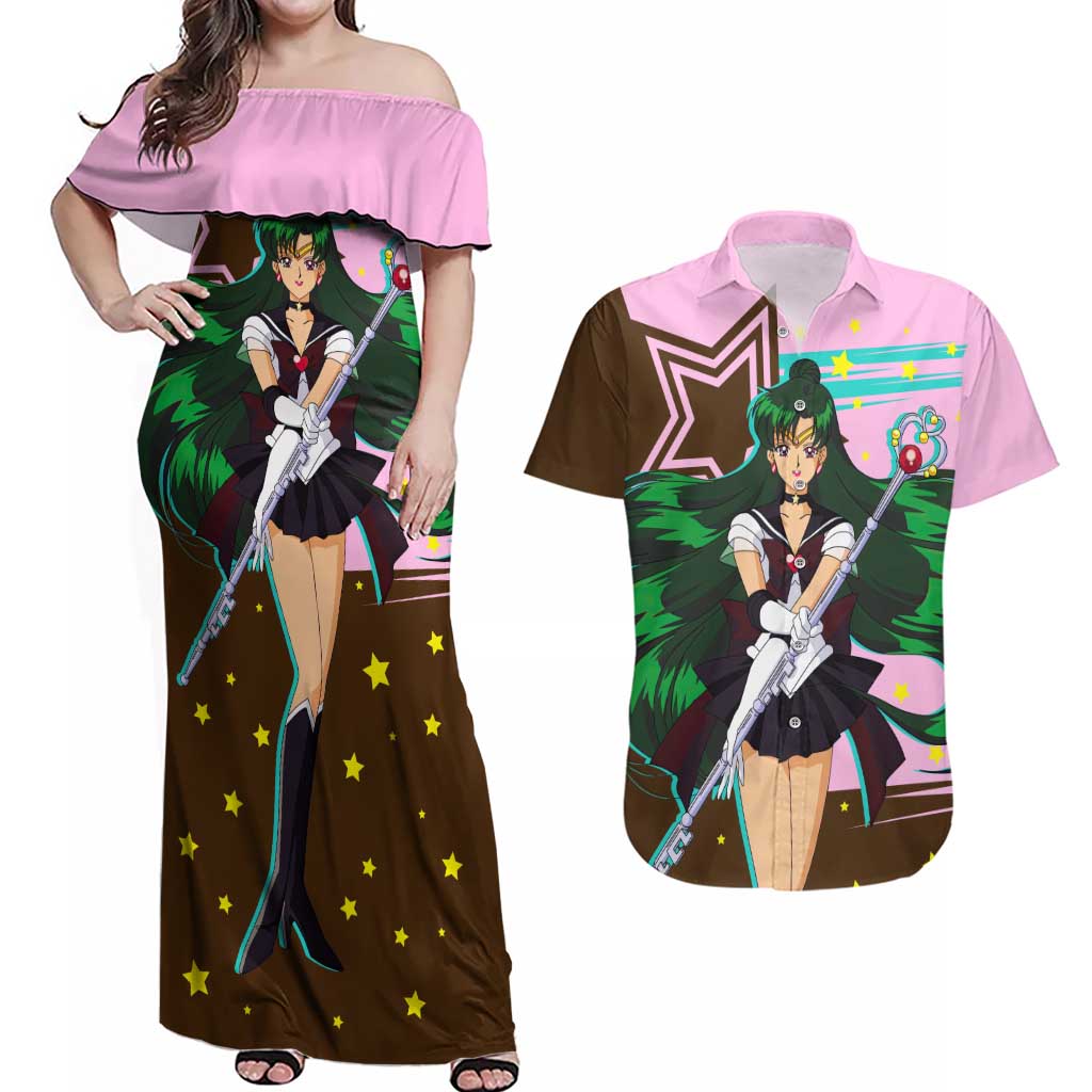 Sailor Pluto Setsuna Meioh - Sailpor Moon Couples Matching Off Shoulder Maxi Dress and Hawaiian Shirt Anime Style
