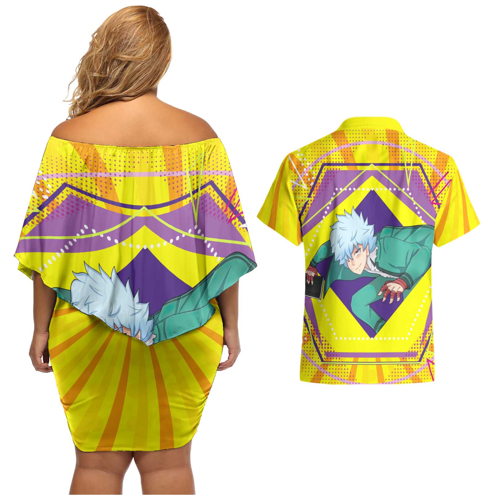 Shun Kaidou - Saiki K Couples Matching Off Shoulder Short Dress and Hawaiian Shirt Anime Style