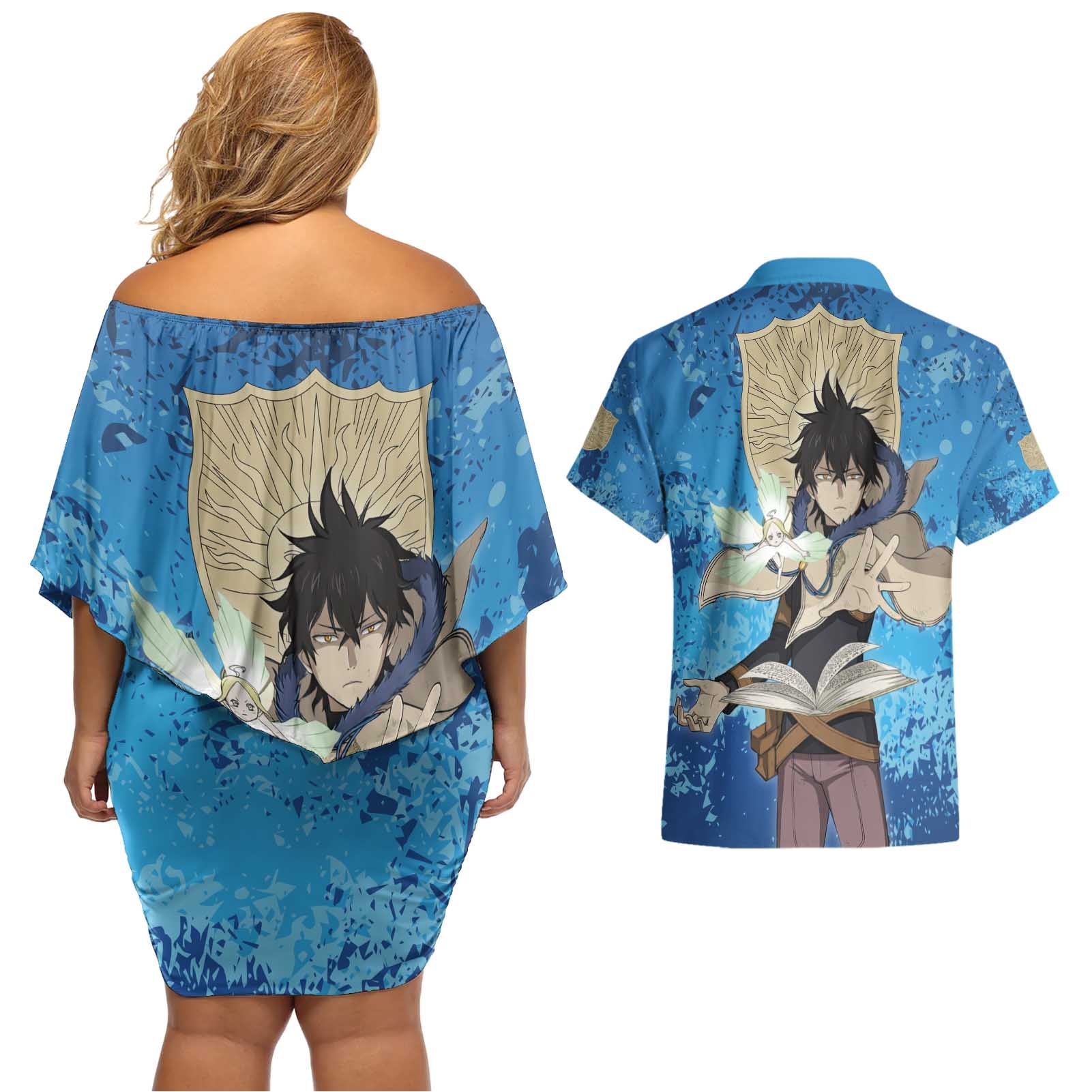 Golden Dawn Yuno - Black Clover M Couples Matching Off Shoulder Short Dress and Hawaiian Shirt Anime Style
