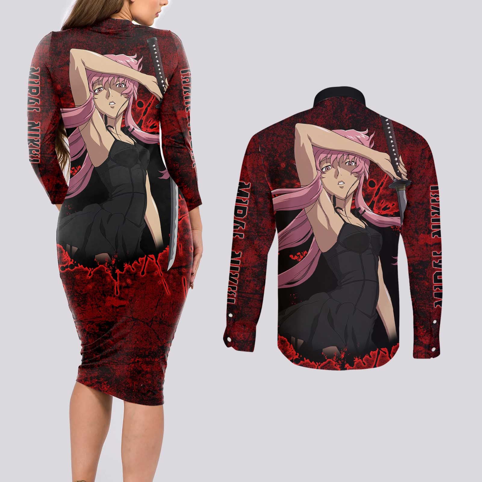 Yuno Gasai - Future Diary Couples Matching Long Sleeve Bodycon Dress and Long Sleeve Button Shirt Anime Style