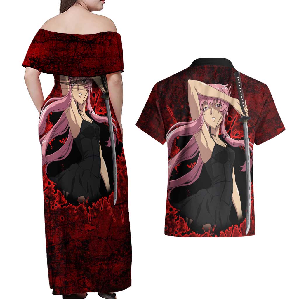 Yuno Gasai - Future Diary Couples Matching Off Shoulder Maxi Dress and Hawaiian Shirt Anime Style