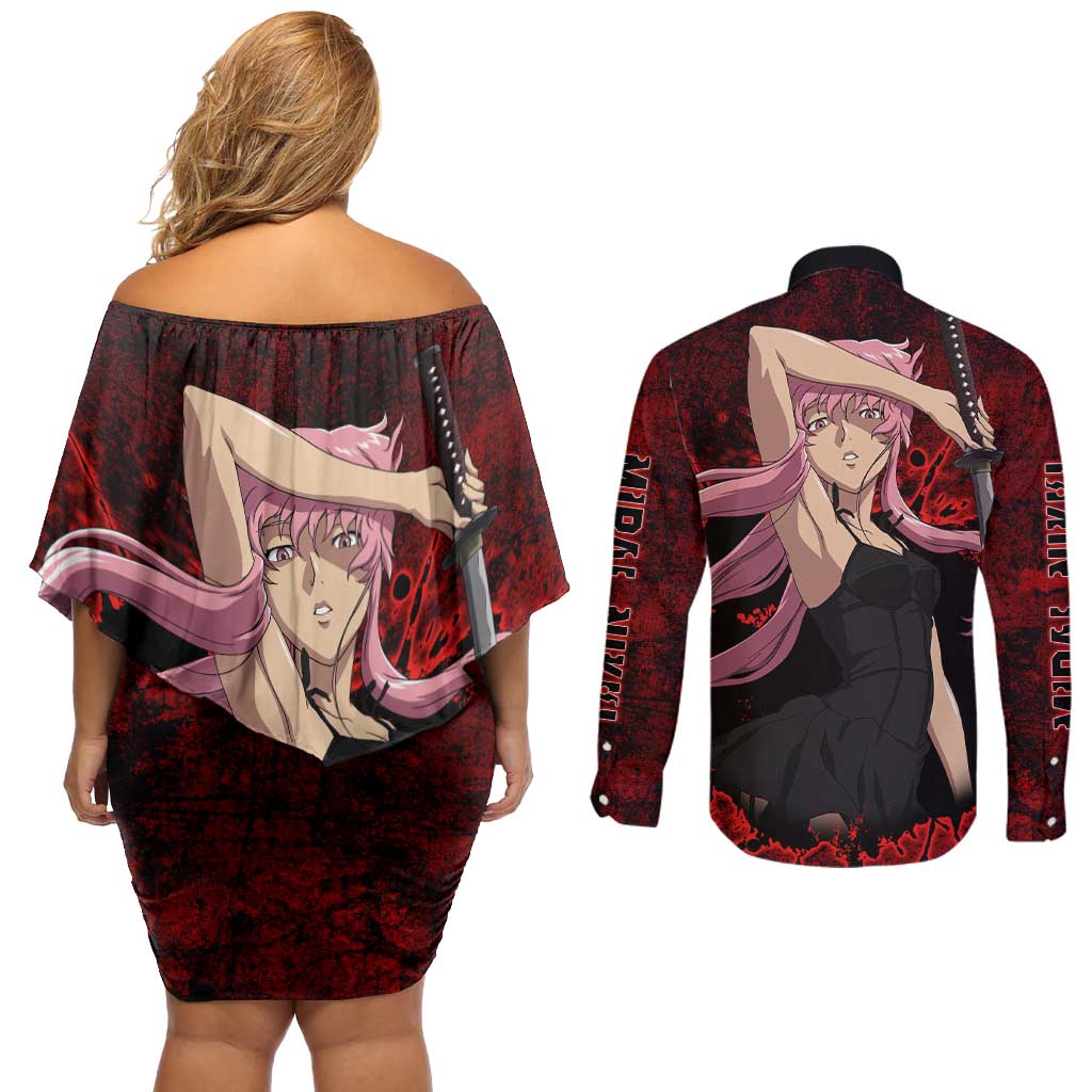 Yuno Gasai - Future Diary Couples Matching Off Shoulder Short Dress and Long Sleeve Button Shirt Anime Style