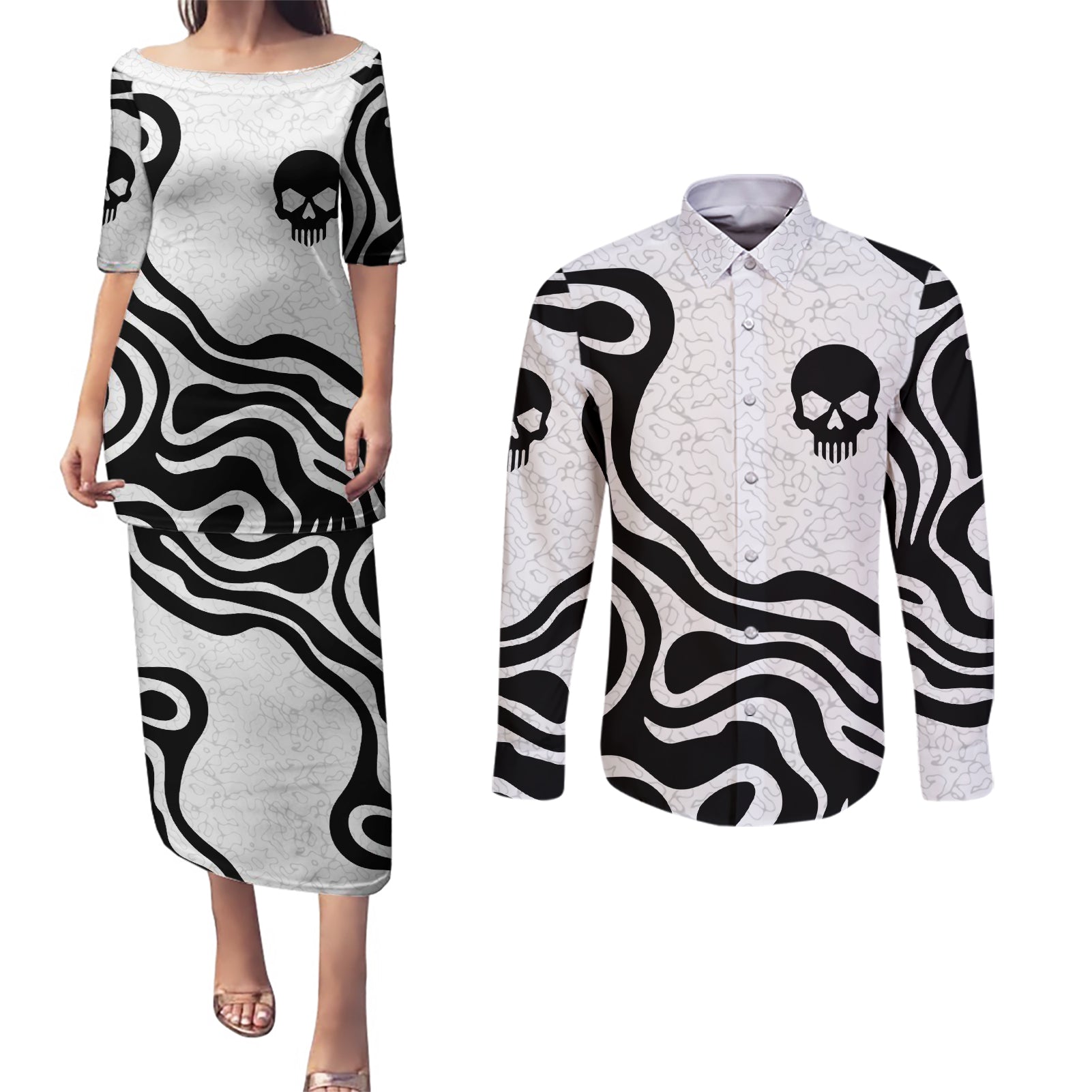 skull-couples-matching-puletasi-dress-and-long-sleeve-button-shirts-born-to-die