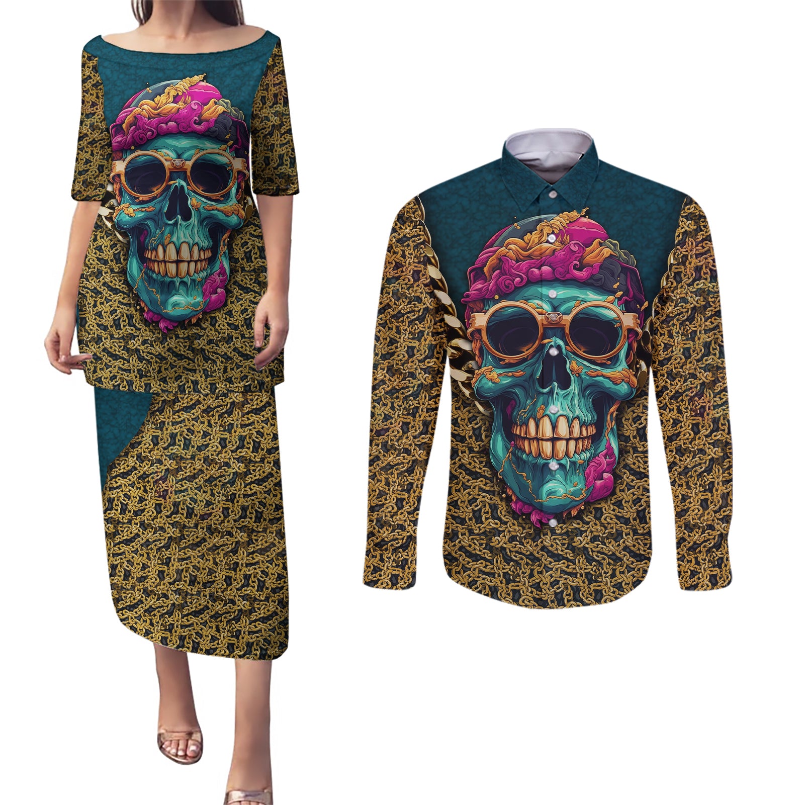 skull-gang-couples-matching-puletasi-dress-and-long-sleeve-button-shirts-sic-transit-gloria-mundi