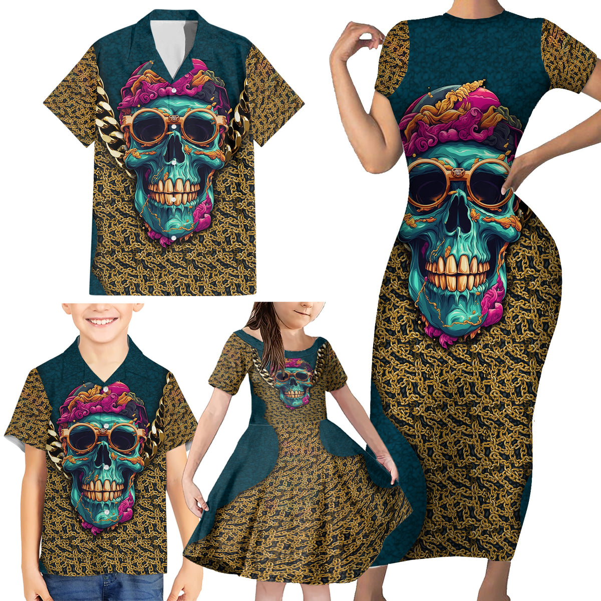skull-gang-family-matching-short-sleeve-bodycon-dress-and-hawaiian-shirt-sic-transit-gloria-mundi