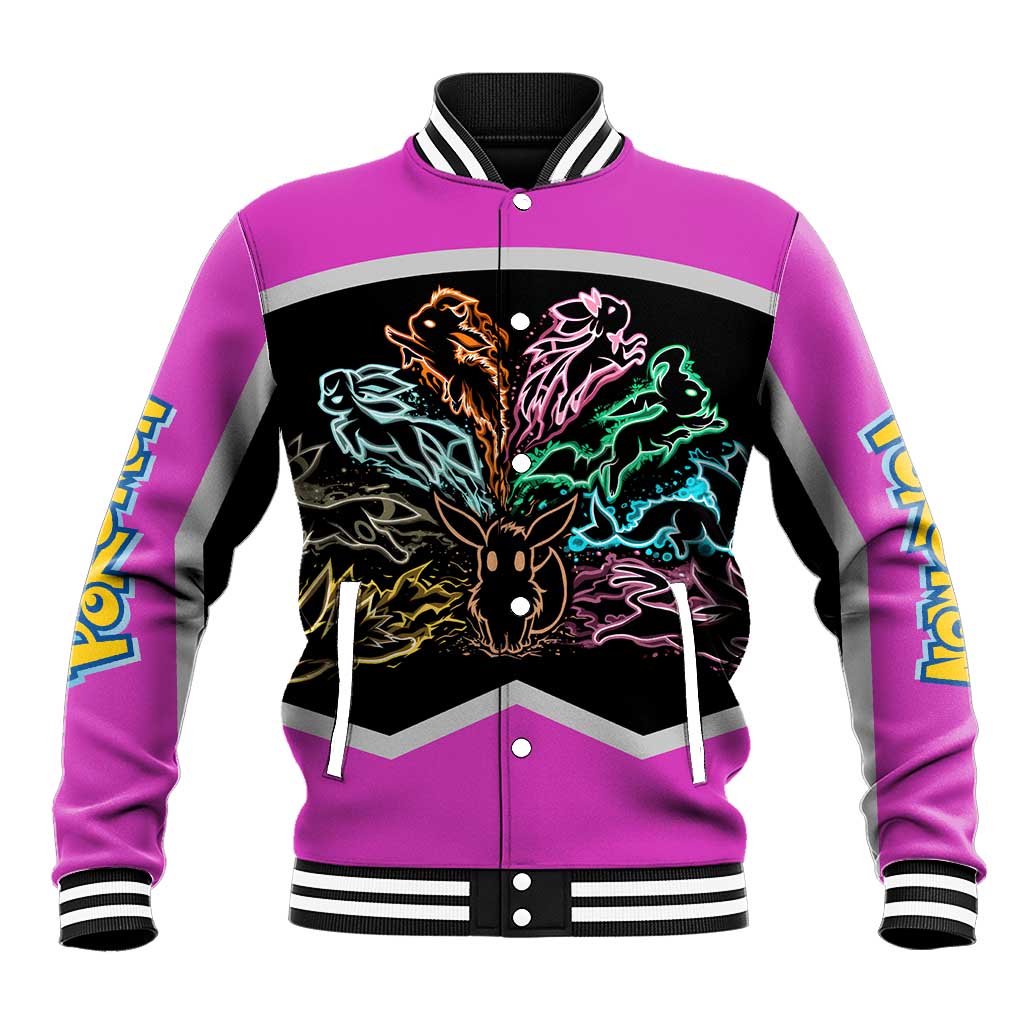 Espeon and Eeveelutions Baseball Jacket with Neon Elemental Designs and Pink Pokémon Theme - The Mazicc