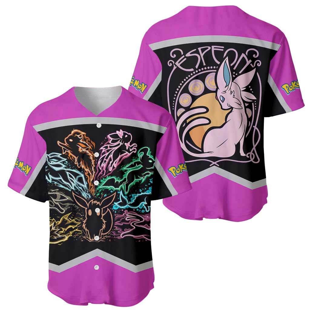 Espeon and Eeveelutions Baseball Jersey with Neon Elemental Designs and Pink Pokémon Theme - The Mazicc