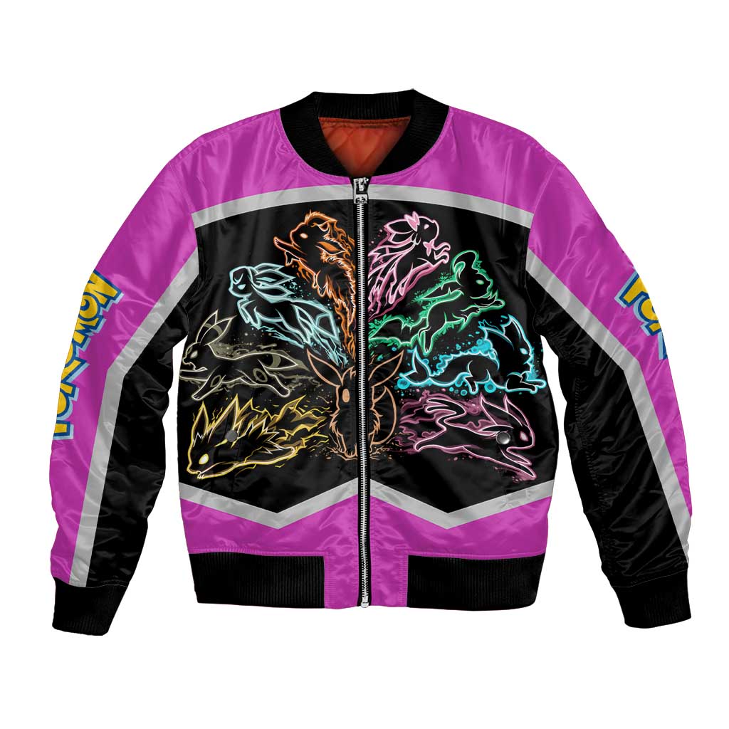 Espeon and Eeveelutions Bomber Jacket with Neon Elemental Designs and Pink Pokémon Theme - The Mazicc