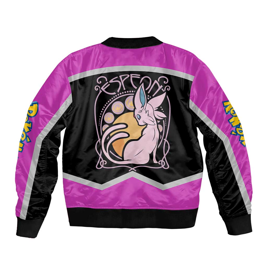 Espeon and Eeveelutions Bomber Jacket with Neon Elemental Designs and Pink Pokémon Theme - The Mazicc