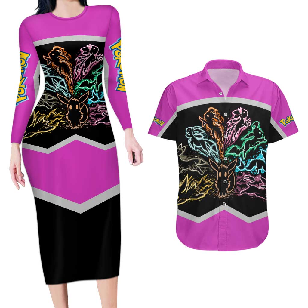 Espeon and Eeveelutions Couples Matching Long Sleeve Bodycon Dress and Hawaiian Shirt with Neon Elemental Designs and Pink Pokémon Theme - The Mazicc