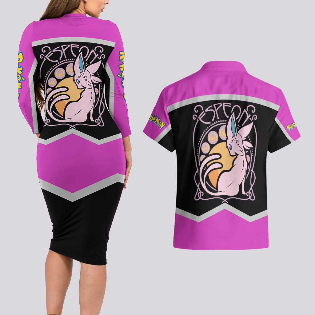 Espeon and Eeveelutions Couples Matching Long Sleeve Bodycon Dress and Hawaiian Shirt with Neon Elemental Designs and Pink Pokémon Theme - The Mazicc