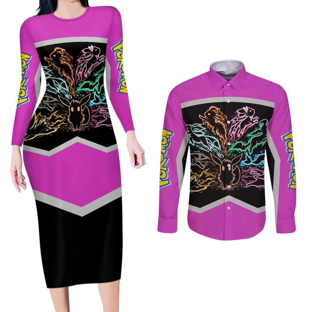 Espeon and Eeveelutions Couples Matching Long Sleeve Bodycon Dress and Long Sleeve Button Shirt with Neon Elemental Designs and Pink Pokémon Theme - The Mazicc