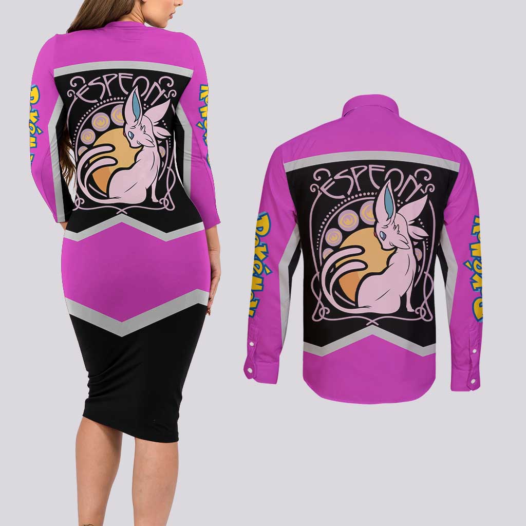 Espeon and Eeveelutions Couples Matching Long Sleeve Bodycon Dress and Long Sleeve Button Shirt with Neon Elemental Designs and Pink Pokémon Theme - The Mazicc