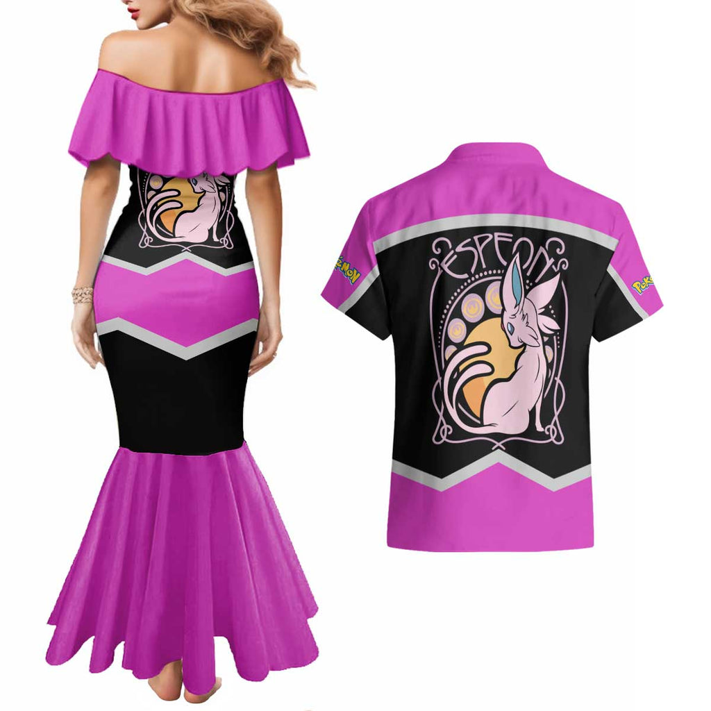 Espeon and Eeveelutions Couples Matching Mermaid Dress and Hawaiian Shirt with Neon Elemental Designs and Pink Pokémon Theme - The Mazicc