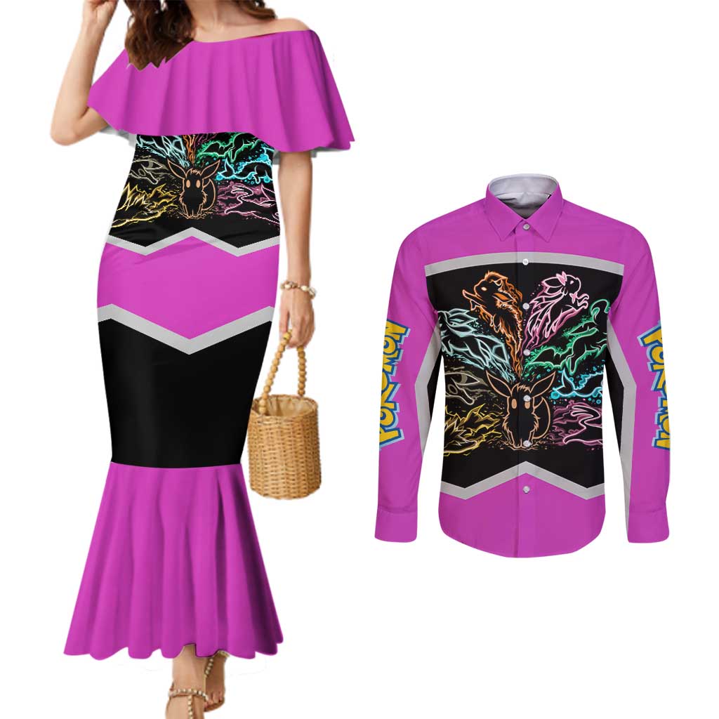 Espeon and Eeveelutions Couples Matching Mermaid Dress and Long Sleeve Button Shirt with Neon Elemental Designs and Pink Pokémon Theme - The Mazicc