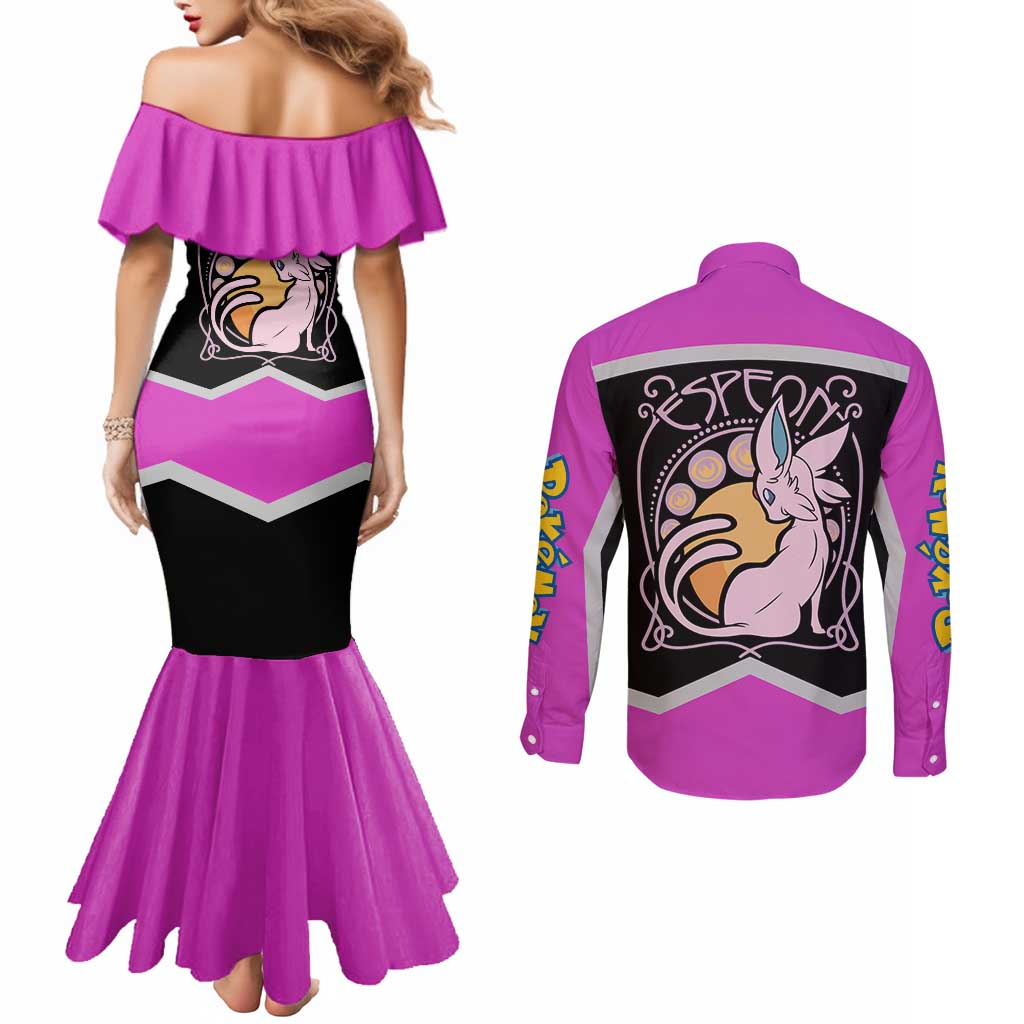 Espeon and Eeveelutions Couples Matching Mermaid Dress and Long Sleeve Button Shirt with Neon Elemental Designs and Pink Pokémon Theme - The Mazicc