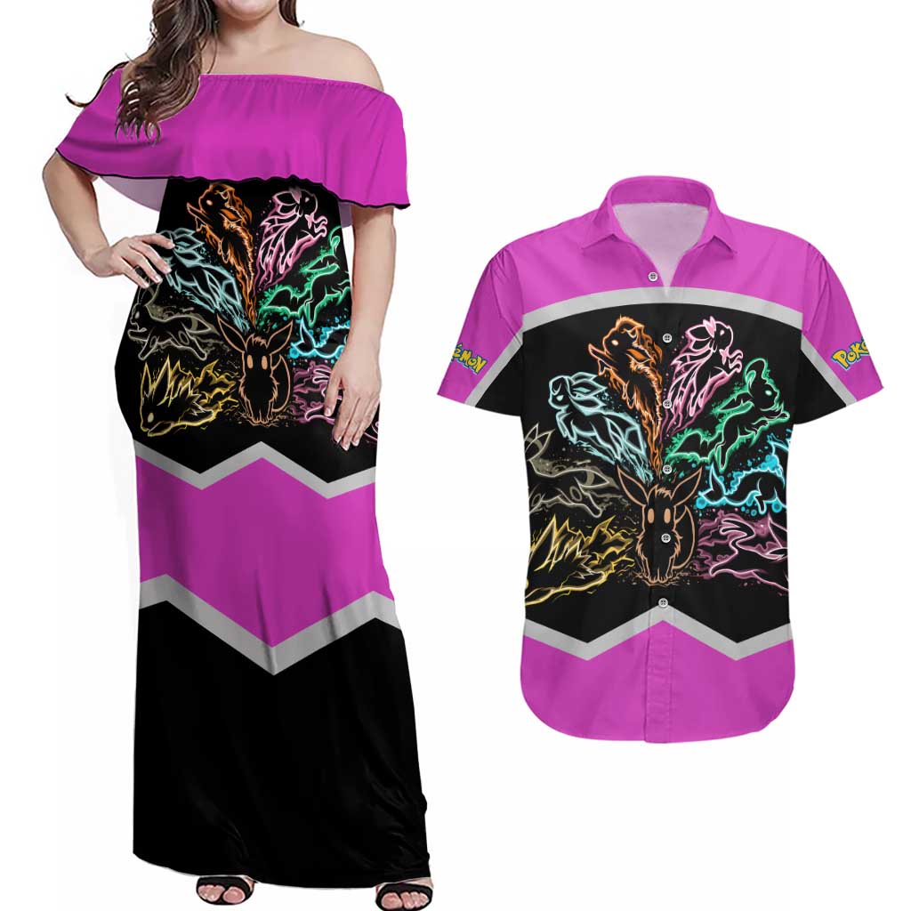 Espeon and Eeveelutions Couples Matching Off Shoulder Maxi Dress and Hawaiian Shirt with Neon Elemental Designs and Pink Pokémon Theme - The Mazicc