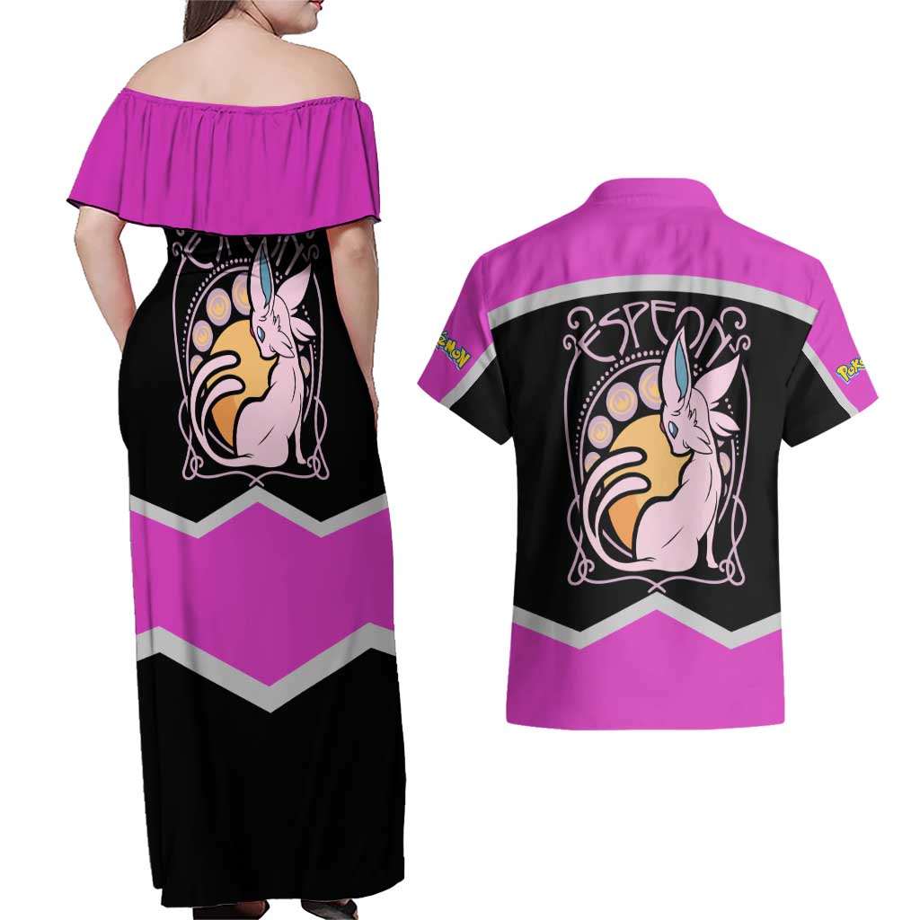 Espeon and Eeveelutions Couples Matching Off Shoulder Maxi Dress and Hawaiian Shirt with Neon Elemental Designs and Pink Pokémon Theme - The Mazicc